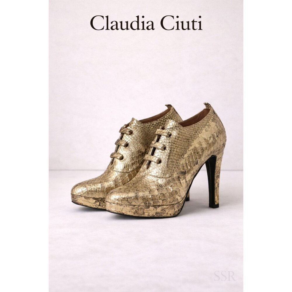 Claudia Ciuti Gold Snakeskin Leather Lace Up Platform Booties 7M Italy